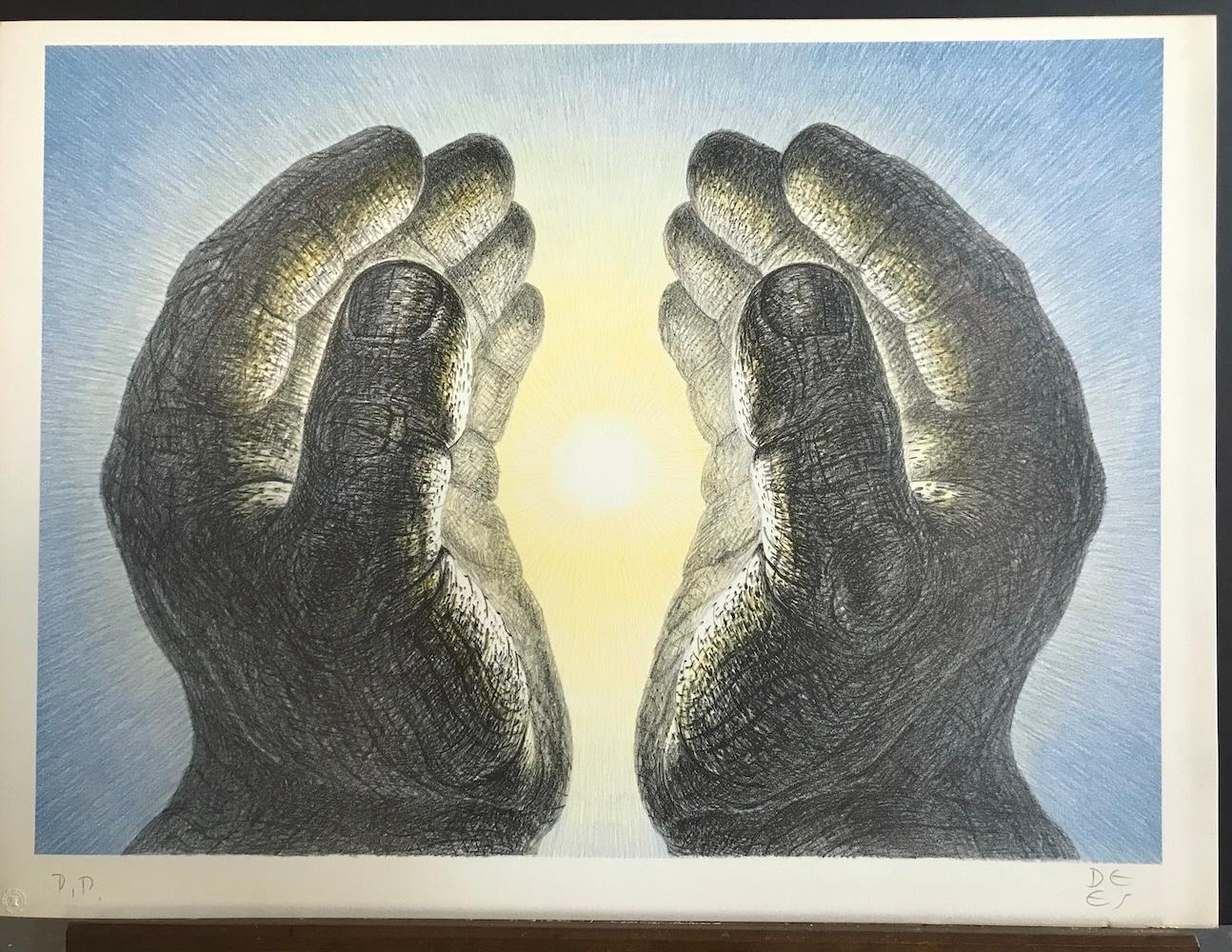 MANOS BRILLANTES Litografía firmada, Inspiración espiritual, Luz amarilla, Cielo azul en venta 2