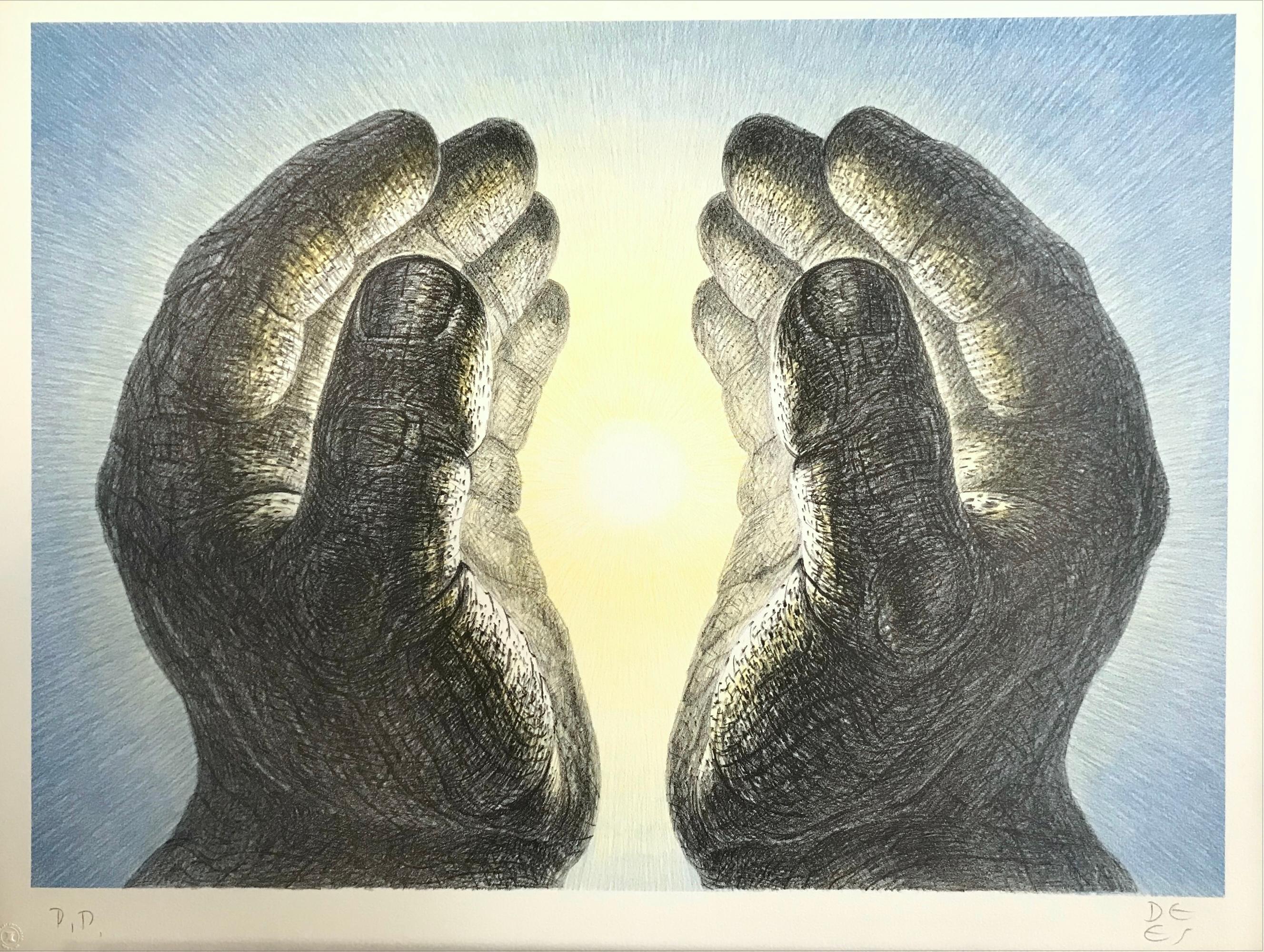 Lithographie signée GLOWING HANDS, inspiration spirituelle, lumière jaune, ciel bleu en vente 2