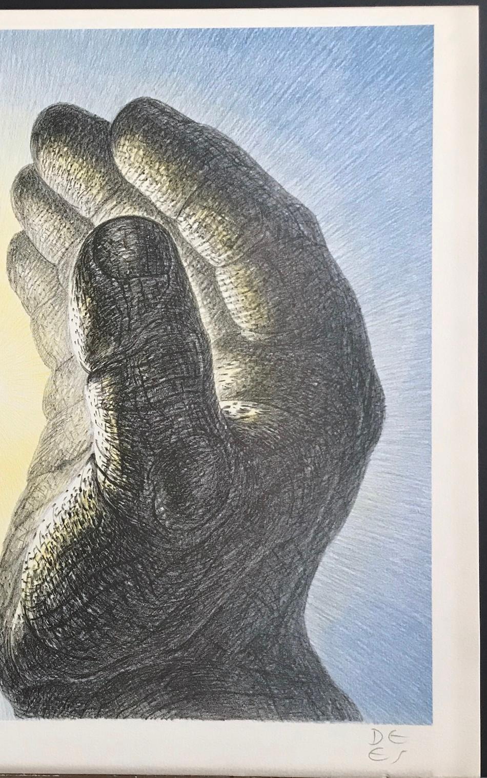MANOS BRILLANTES Litografía firmada, Inspiración espiritual, Luz amarilla, Cielo azul en venta 1