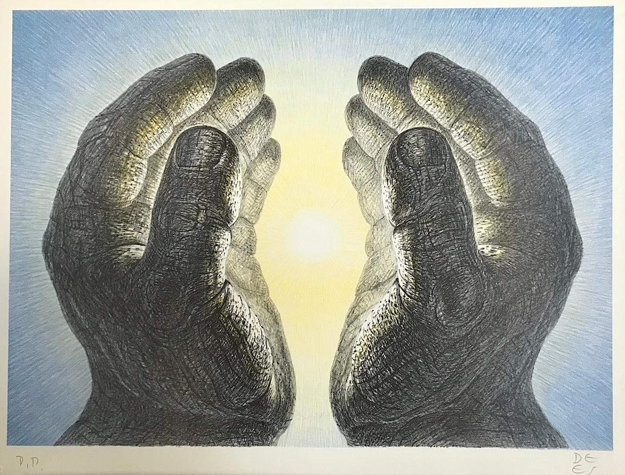 Portrait Print de De Es Schwertberger - MANOS BRILLANTES Litografía firmada, Inspiración espiritual, Luz amarilla, Cielo azul