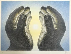 Mani splendenti, litografia firmata, ispirazione spirituale, luce gialla, cielo blu