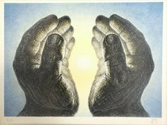 Signierte Lithographie „GLOWING HANDS“, spirituelle Inspiration, gelbes Licht, blauer Himmel
