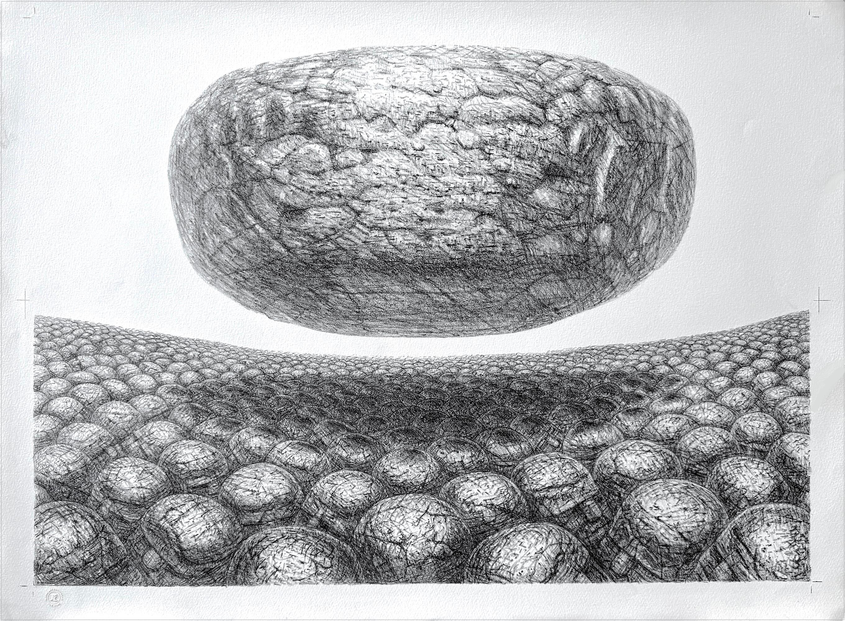 De Es Schwertberger Print - HOVERING STONE Signed Lithograph, Black and White Sci-Fi Landscape, Stone Men