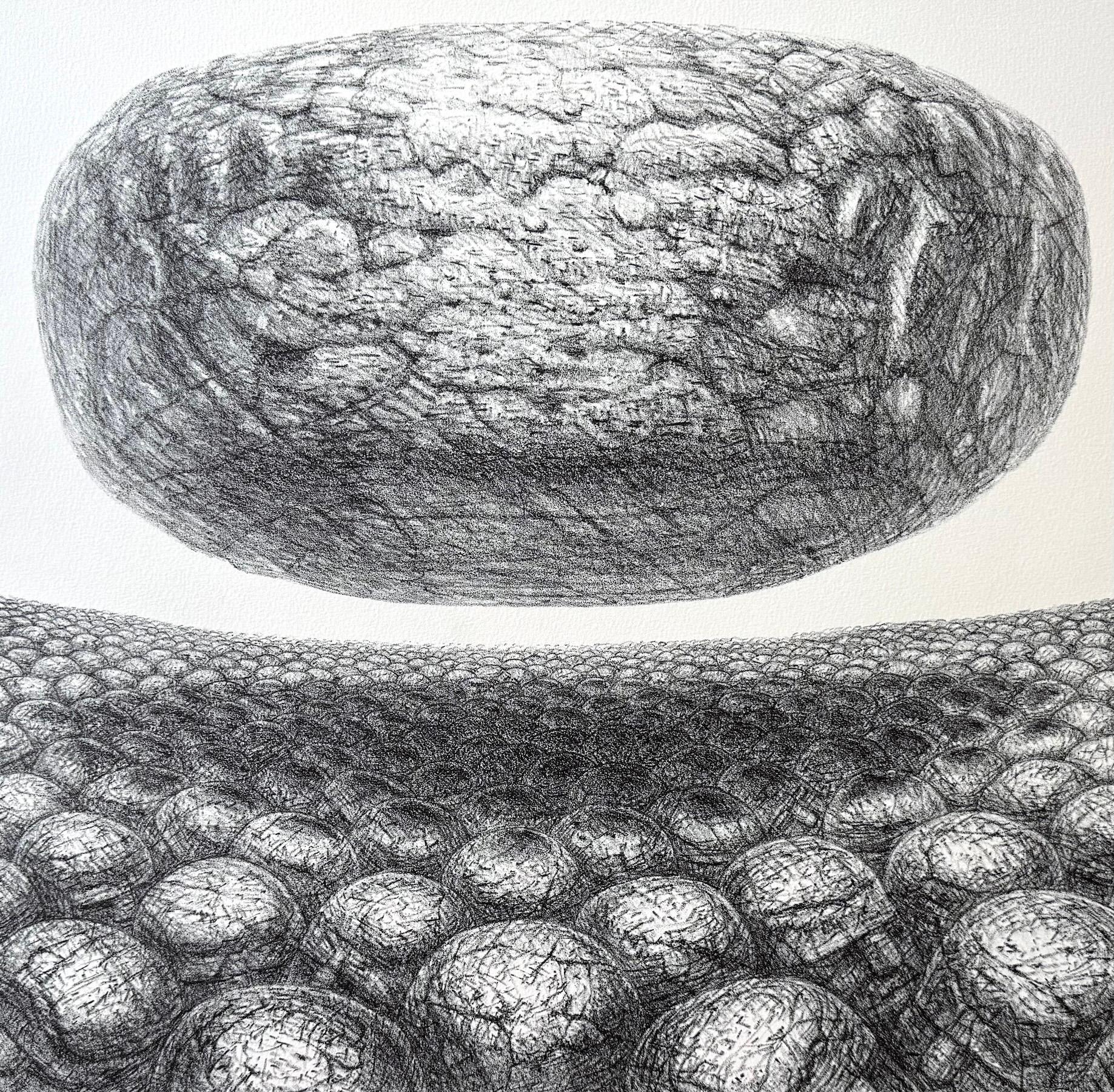 HOVERING STONE Signierte Lithographie, Schwarz-Weiß-Sci-Fi-Landschaft, Stone Men – Print von De Es Schwertberger