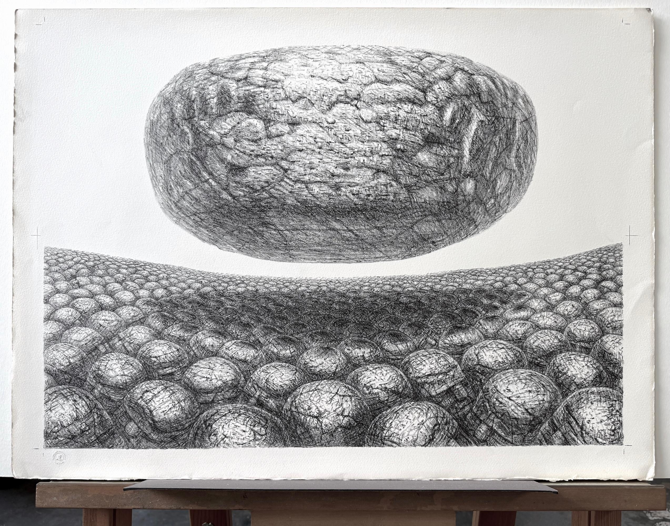 HOVERING STONE Signierte Lithographie, Schwarz-Weiß-Sci-Fi-Landschaft, Stone Men im Angebot 3