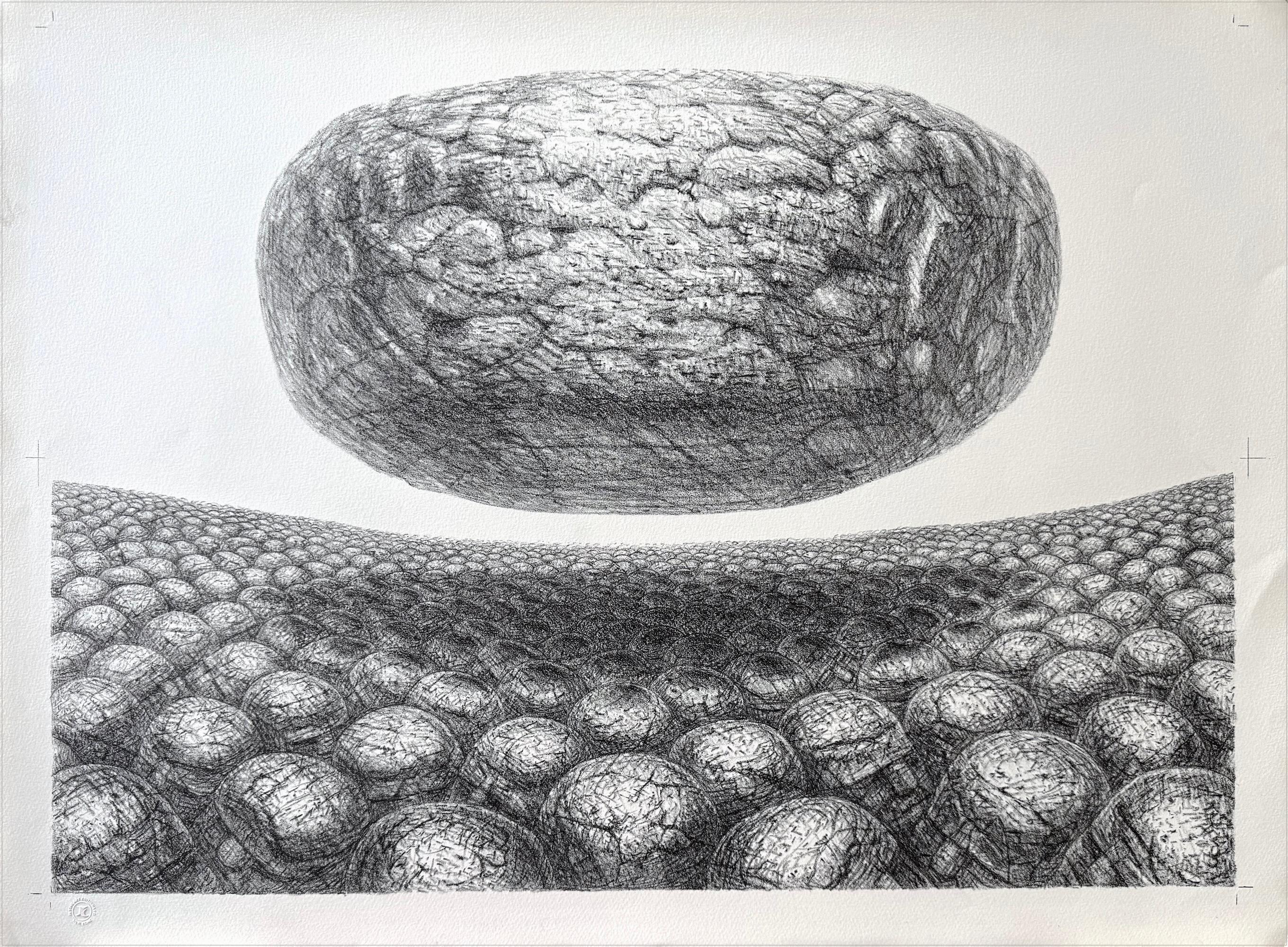 De Es Schwertberger Print – HOVERING STONE Signierte Lithographie, Schwarz-Weiß-Sci-Fi-Landschaft, Stone Men