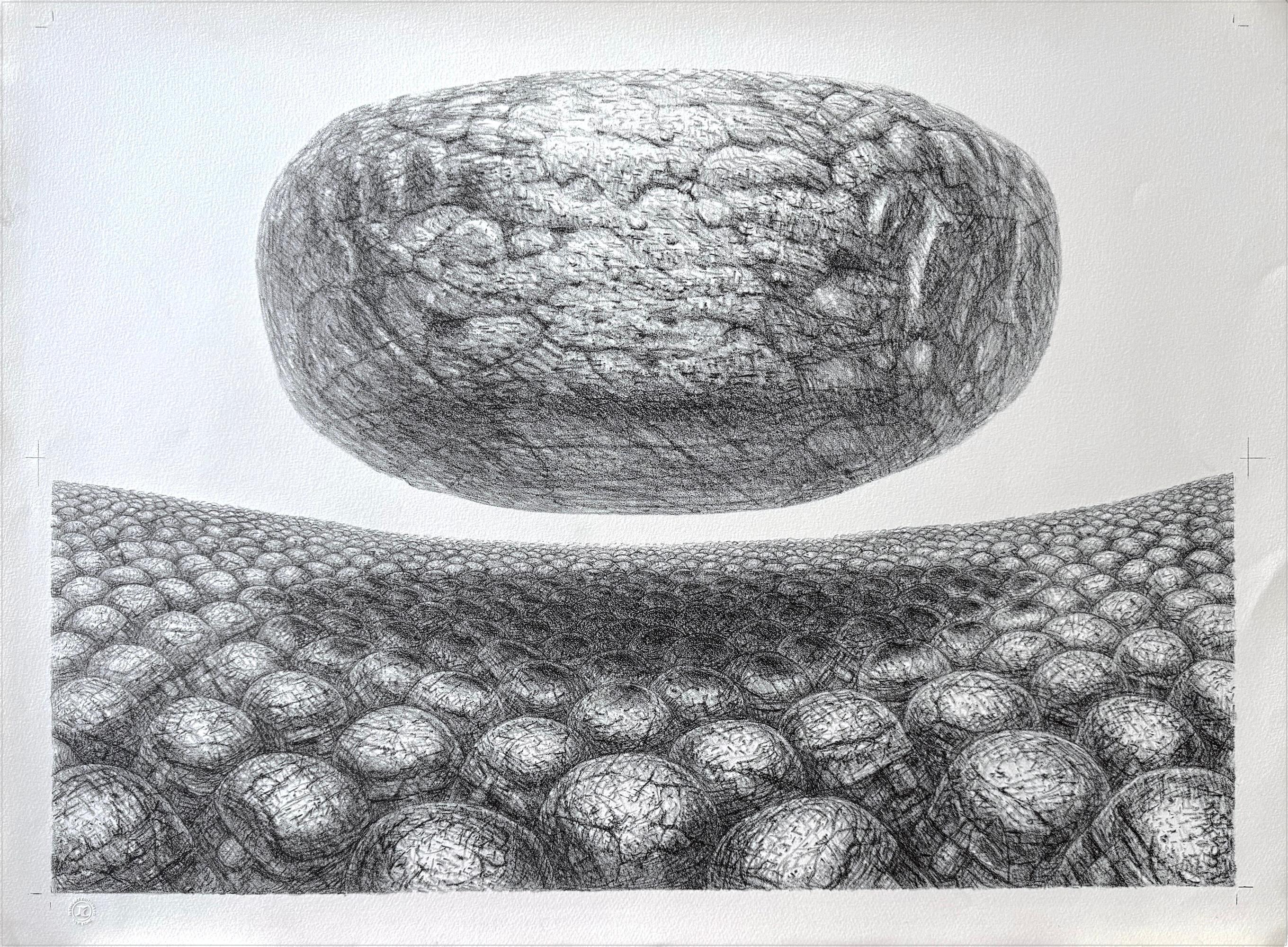 HOVERING STONE Signierte Lithographie, Schwarz-Weiß-Sci-Fi-Landschaft, Stone Men