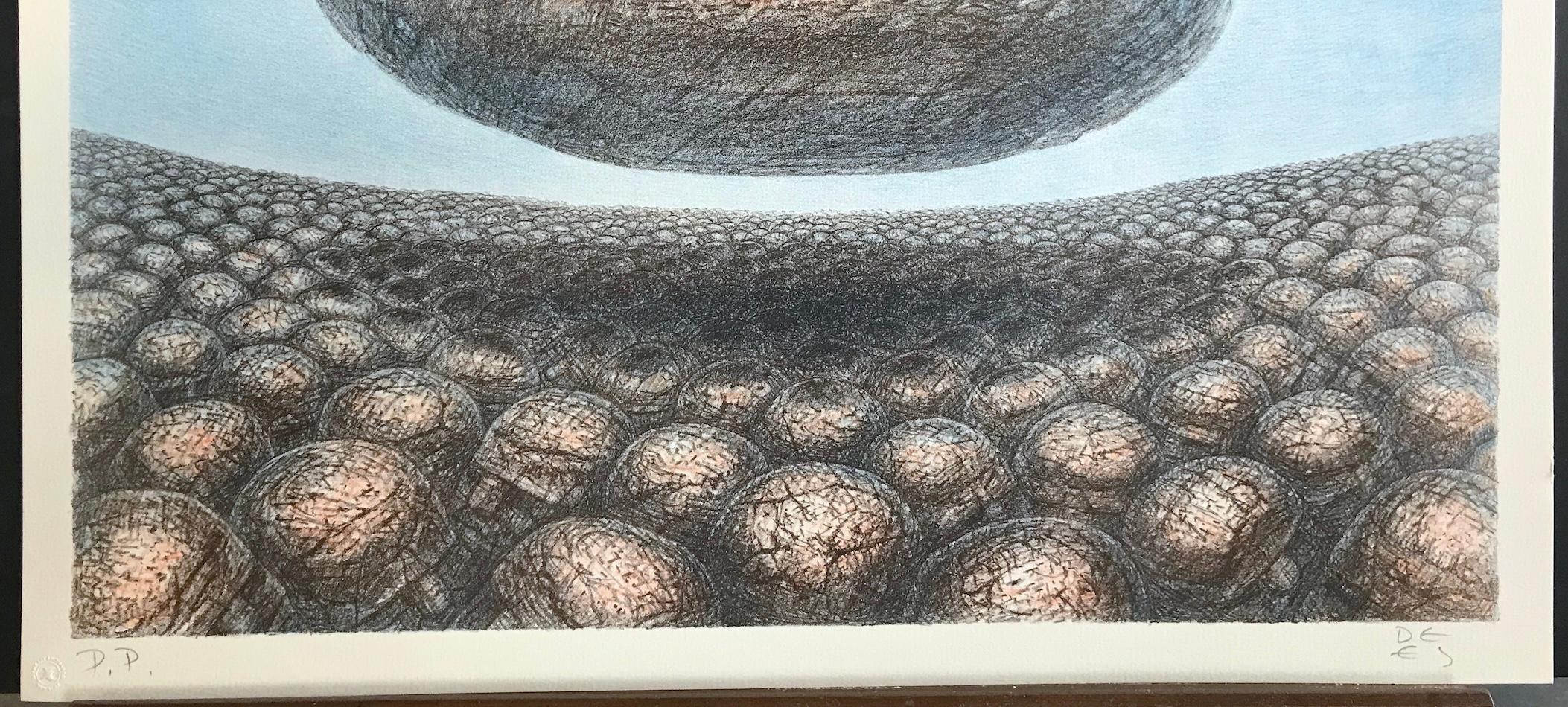 HOVERING STONE Litografía firmada, Paisaje de ciencia ficción, Hombres de piedra, Meditación en venta 1