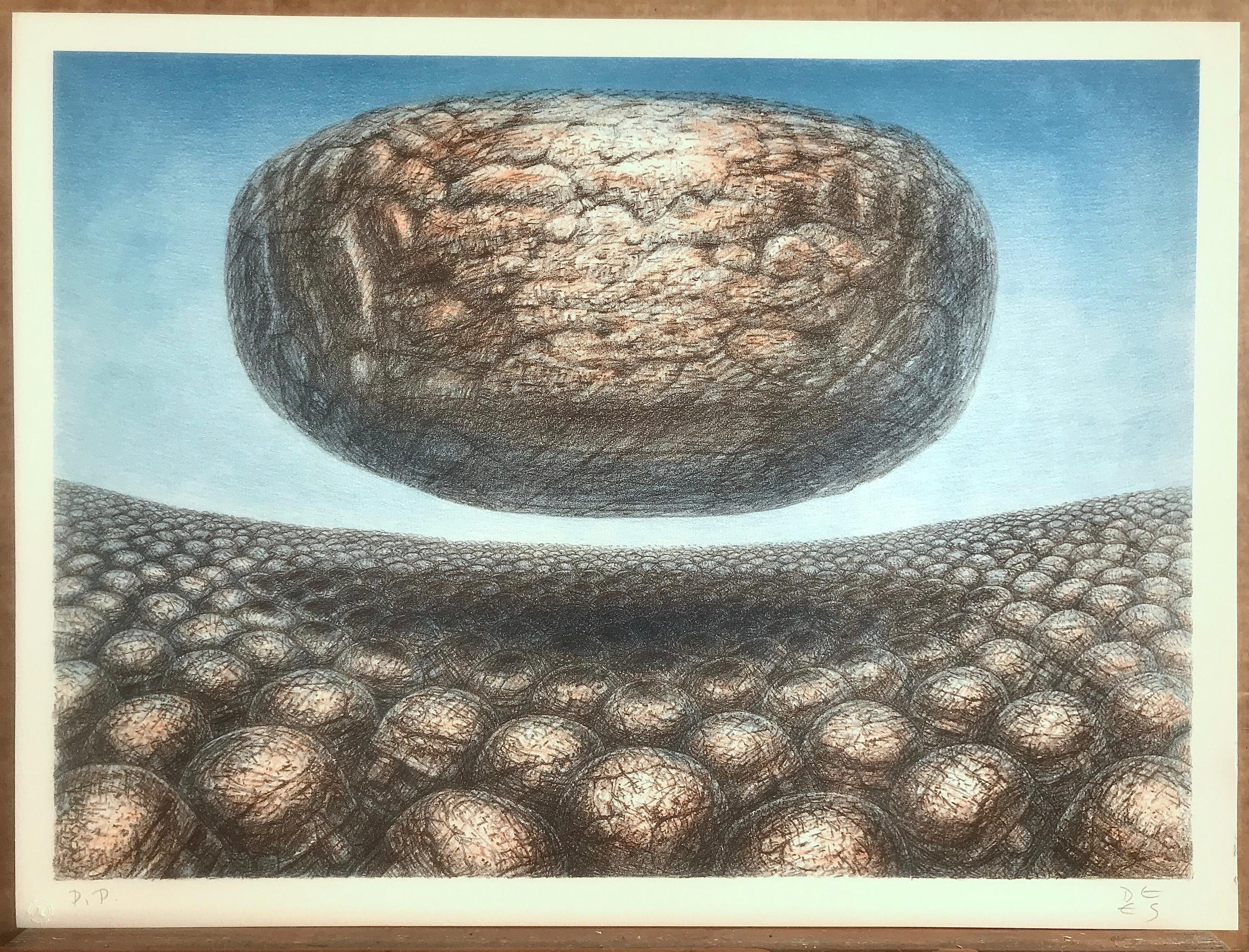 HOVERING STONE Signed Lithograph, Sci-Fi Landscape, Stone Men, Meditation - Gray Landscape Print by De Es Schwertberger