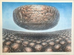 HOVERING STONE Lithographie signée, paysage de science-fiction, hommes de pierre, méditation