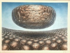 HOVERING STONE Signed Lithograph, Sci-Fi Landscape, Stone Men, Meditation