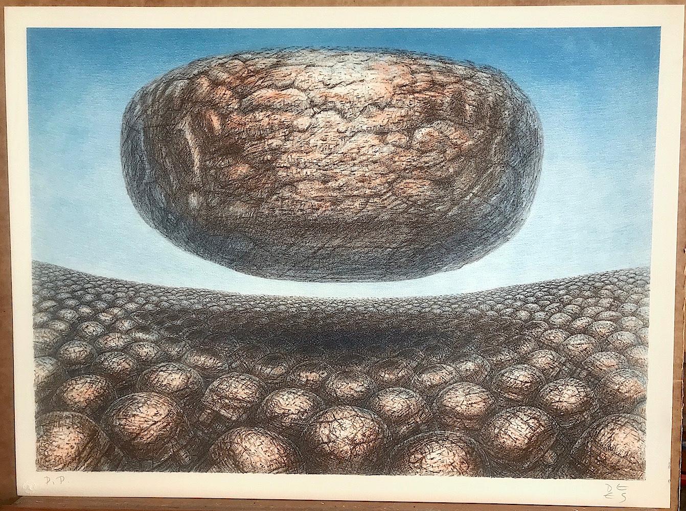 HOVERING STONE is a hand drawn original lithograph printed using hand lithography techniques on archival Arches printmaking paper 100% acid free. HOVERING STONE is a highly detailed drawing depicting a large oblong stone ominously hovering above an