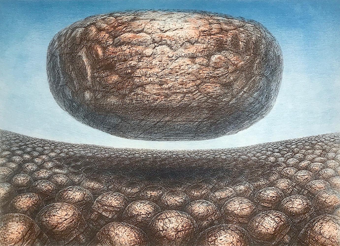 HOVERING STONE Signed Lithograph, Illusionary Landscape, Meditation - Print by De Es Schwertberger