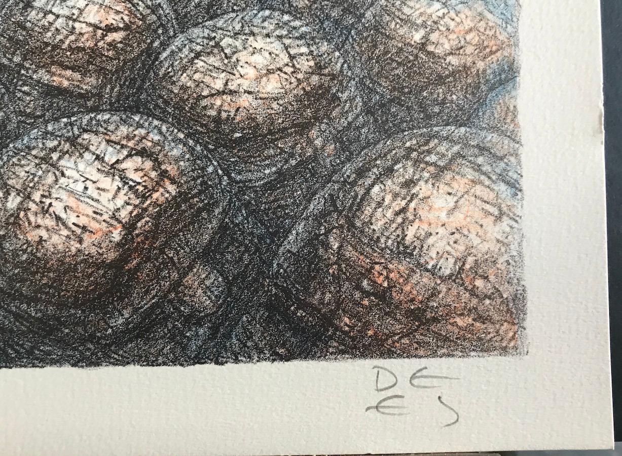 HOVERING STONE Litografía firmada, Paisaje de ciencia ficción, Hombres de piedra, Meditación - Landscape Print Gris de De Es Schwertberger