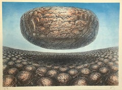 HOVERING STONE Signed Lithograph, Illusionary Landscape, Meditation