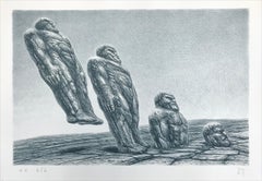 INTO IT Hand Drawn Lithograph, Stone Men, Sci-Fi Landscape, Fantastic Realism