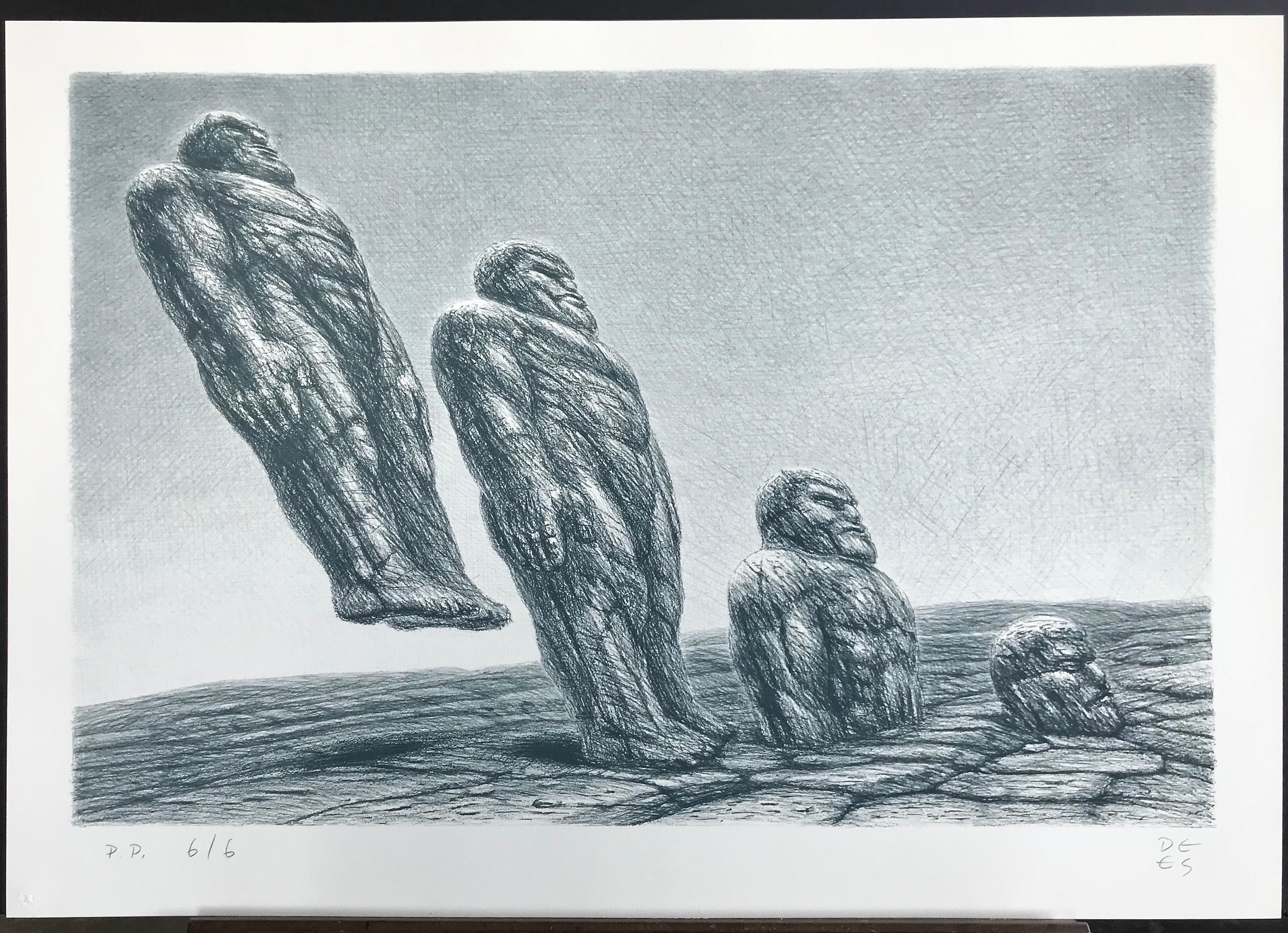 INTO IT Hand Drawn Lithograph, Stone Men, Sci-Fi Landscape, Fantastic Realism For Sale 5