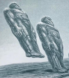 INTO IT Hand Drawn Lithograph, Stone Men, Sci-Fi Landscape, Fantastic Realism