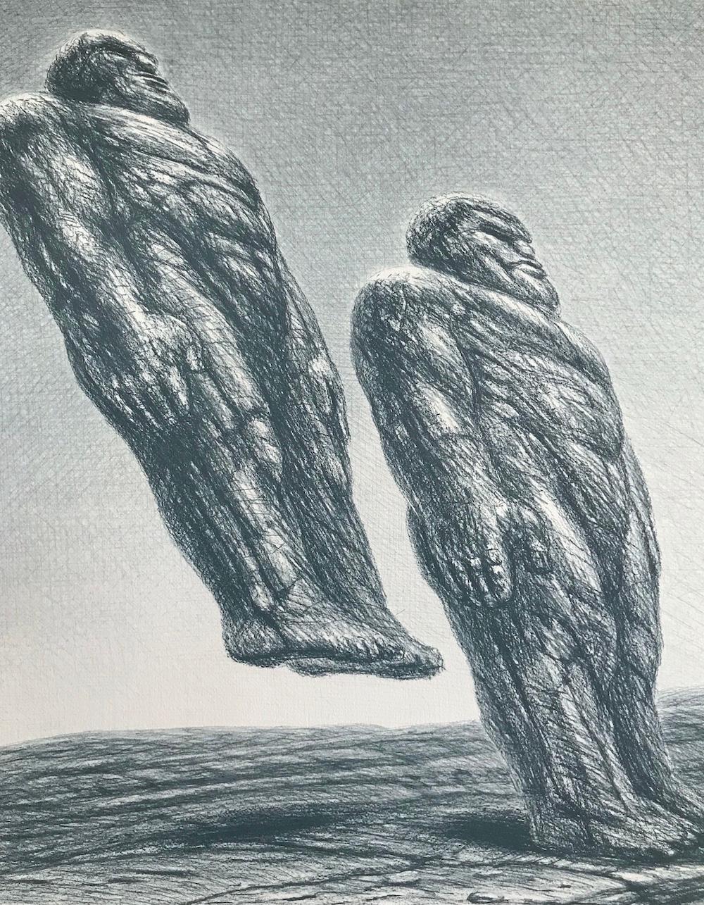 INTO IT Hand Drawn Lithograph, Stone Men, Sci-Fi Landscape, Fantastic Realism - Print by De Es Schwertberger