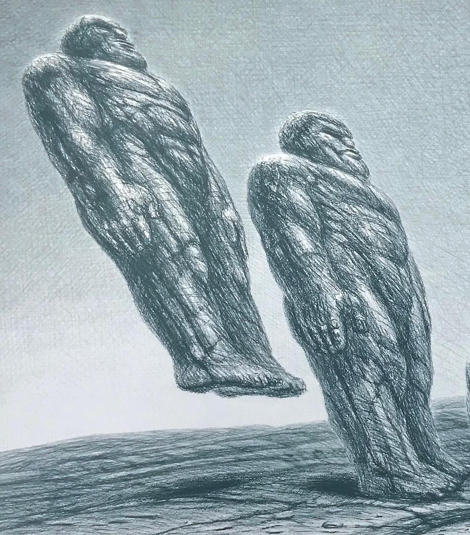 INTO IT Hand Drawn Lithograph, Stone Men, Sci-Fi Landscape, Fantastic Realism - Print by De Es Schwertberger