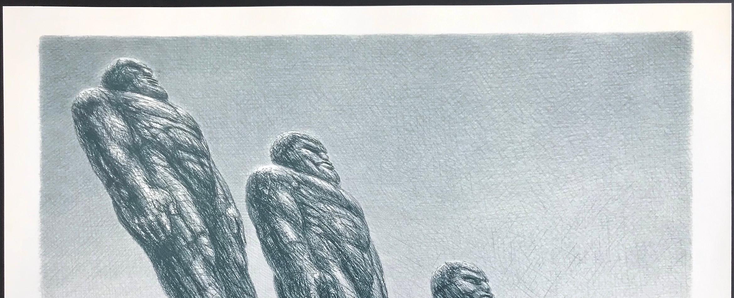 INTO IT Lithographie dessinée à la main, hommes en pierre, paysage de science-fiction, réalisme fantastique en vente 1