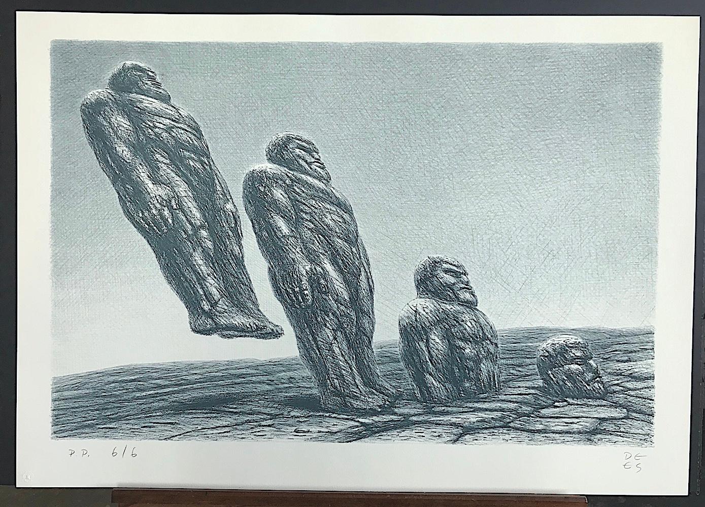 INTO IT Hand Drawn Lithograph, Stone Men, Sci-Fi Landscape, Fantastic Realism - Surrealist Print by De Es Schwertberger