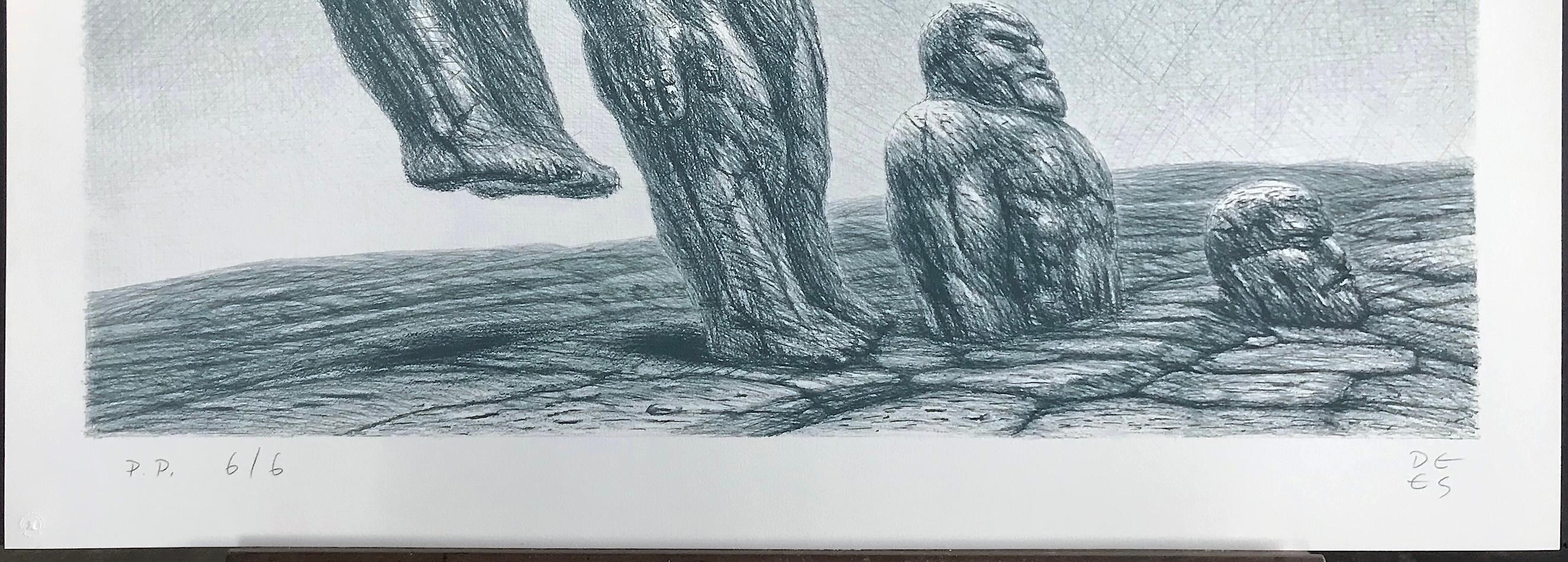 INTO IT Lithographie dessinée à la main, hommes en pierre, paysage de science-fiction, réalisme fantastique en vente 2
