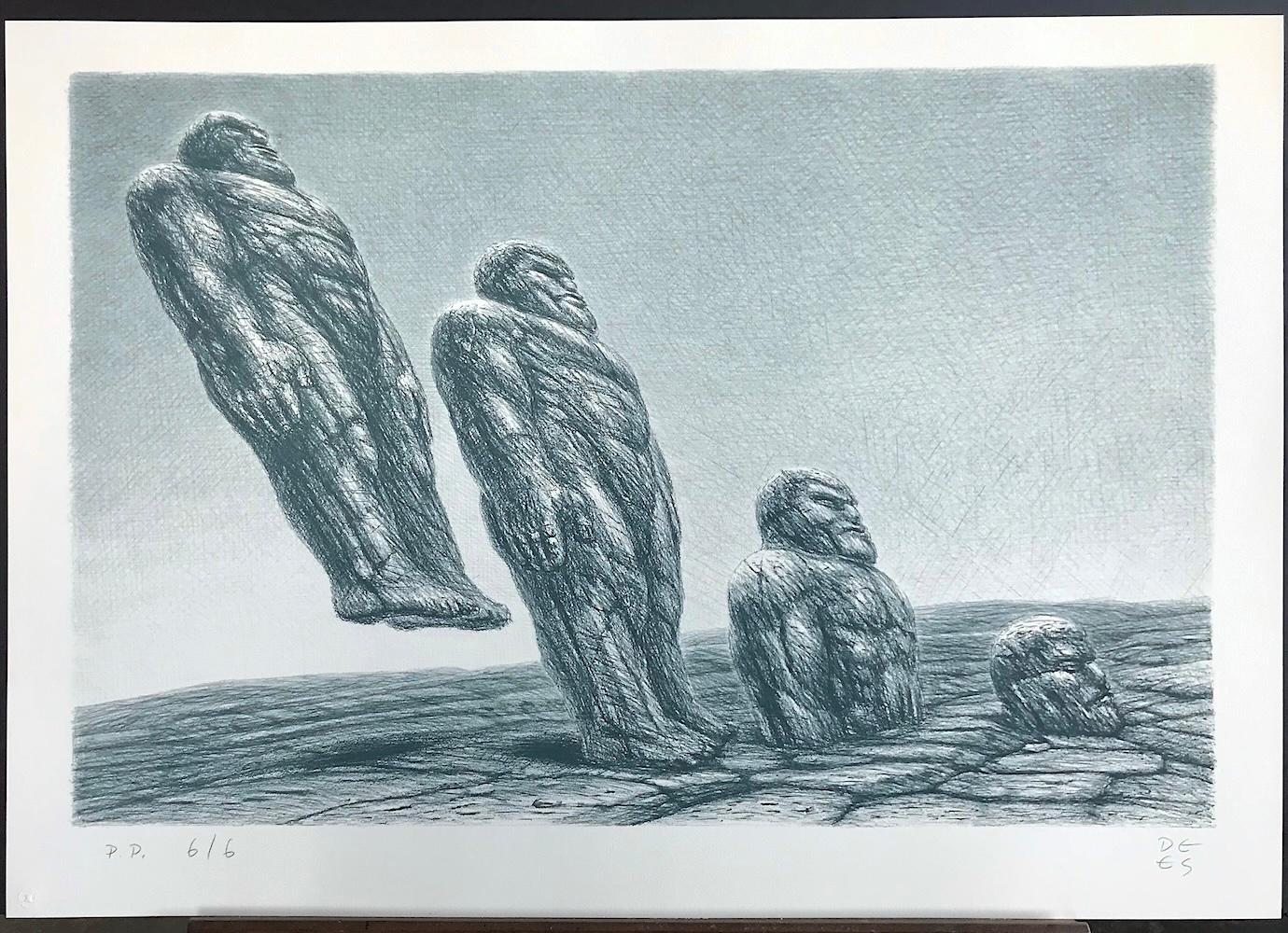 INTO IT Lithographie dessinée à la main, hommes en pierre, paysage de science-fiction, réalisme fantastique en vente 3