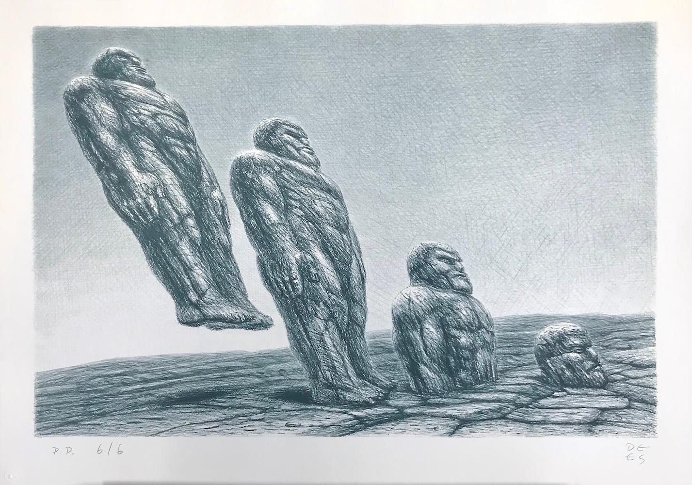 Figurative Print De Es Schwertberger - INTO IT Lithographie dessinée à la main, hommes en pierre, paysage de science-fiction, réalisme fantastique