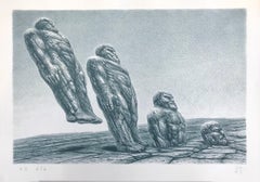 INTO IT Litografía dibujada a mano, hombres de piedra, paisaje de ciencia ficción, realismo fantástico