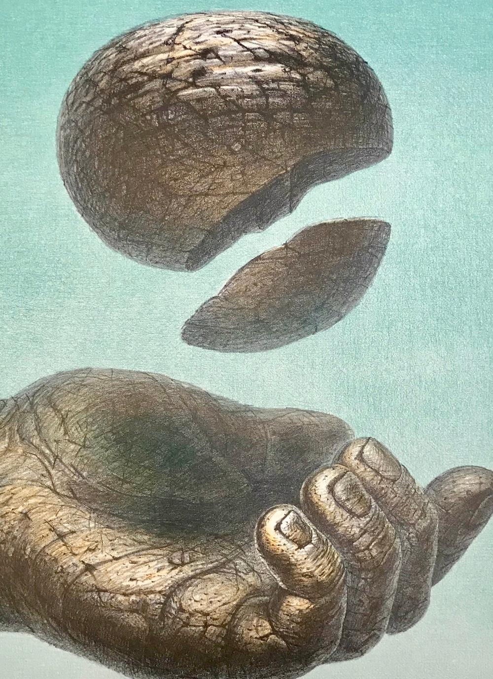 MANO QUE RECIBE Litografía firmada, Realismo fantástico, Stone, Arte curativo - Print Surrealista de De Es Schwertberger