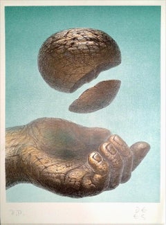 RECEIVING HAND Signed Lithograph, Fantastic Realism, Stone, Healing Art