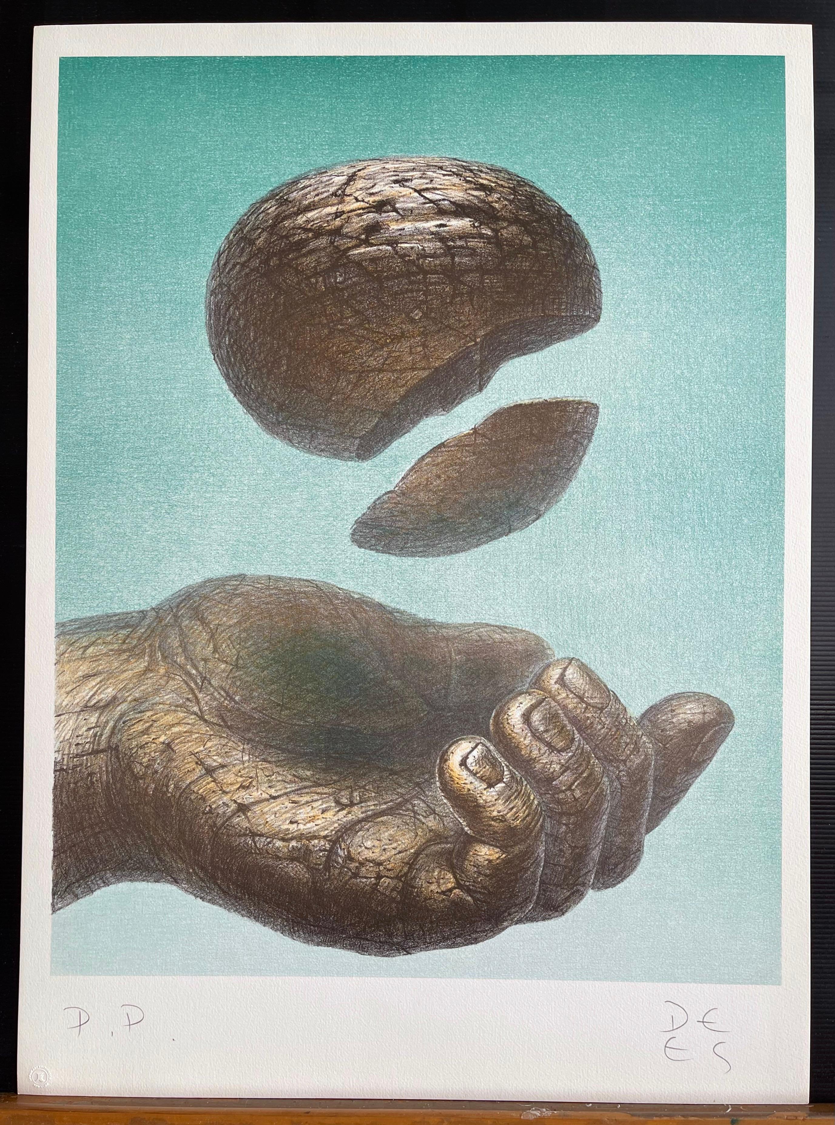 RECEIVING HAND Signierte Lithographie, fantastischer Realismus, Stein, heilende Kunst (Blau), Figurative Print, von De Es Schwertberger