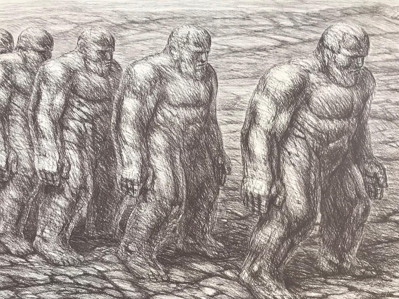 STEPPIN OUT Signed Lithograph, Muscular Stone Men Walking in Line, Sepia Drawing - Print by De Es Schwertberger