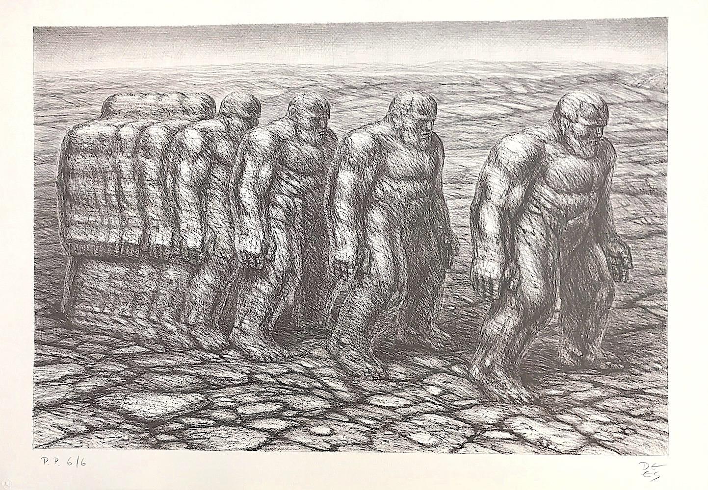 De Es Schwertberger Landscape Print – STEPPIN OUT Signierte Lithographie, Muscular Stone Men Walking in Line, Sepia-Zeichnung