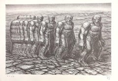 STEPPIN OUT Signed Lithograph, Muscular Stone Men Walking in Line, Sepia Drawing