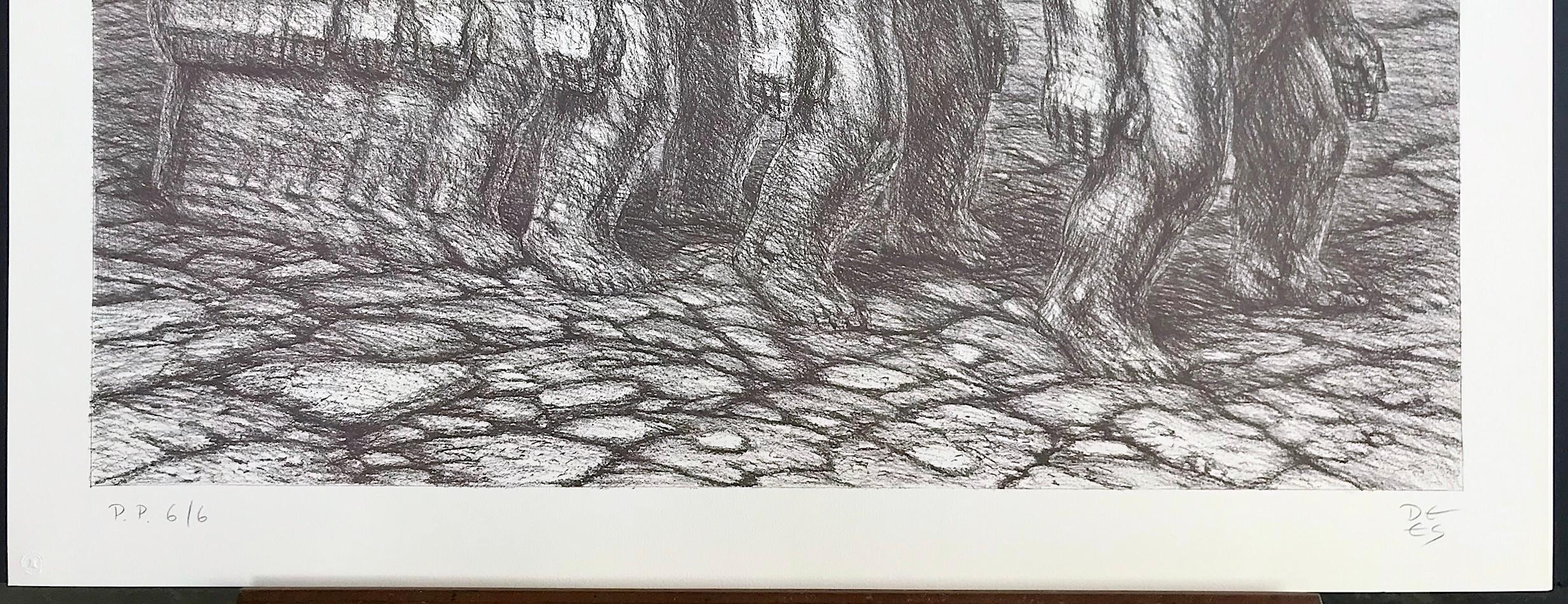 STEPPIN OUT Litografía firmada, Hombres de piedra, Paisaje árido, Dibujo figurativo en venta 1