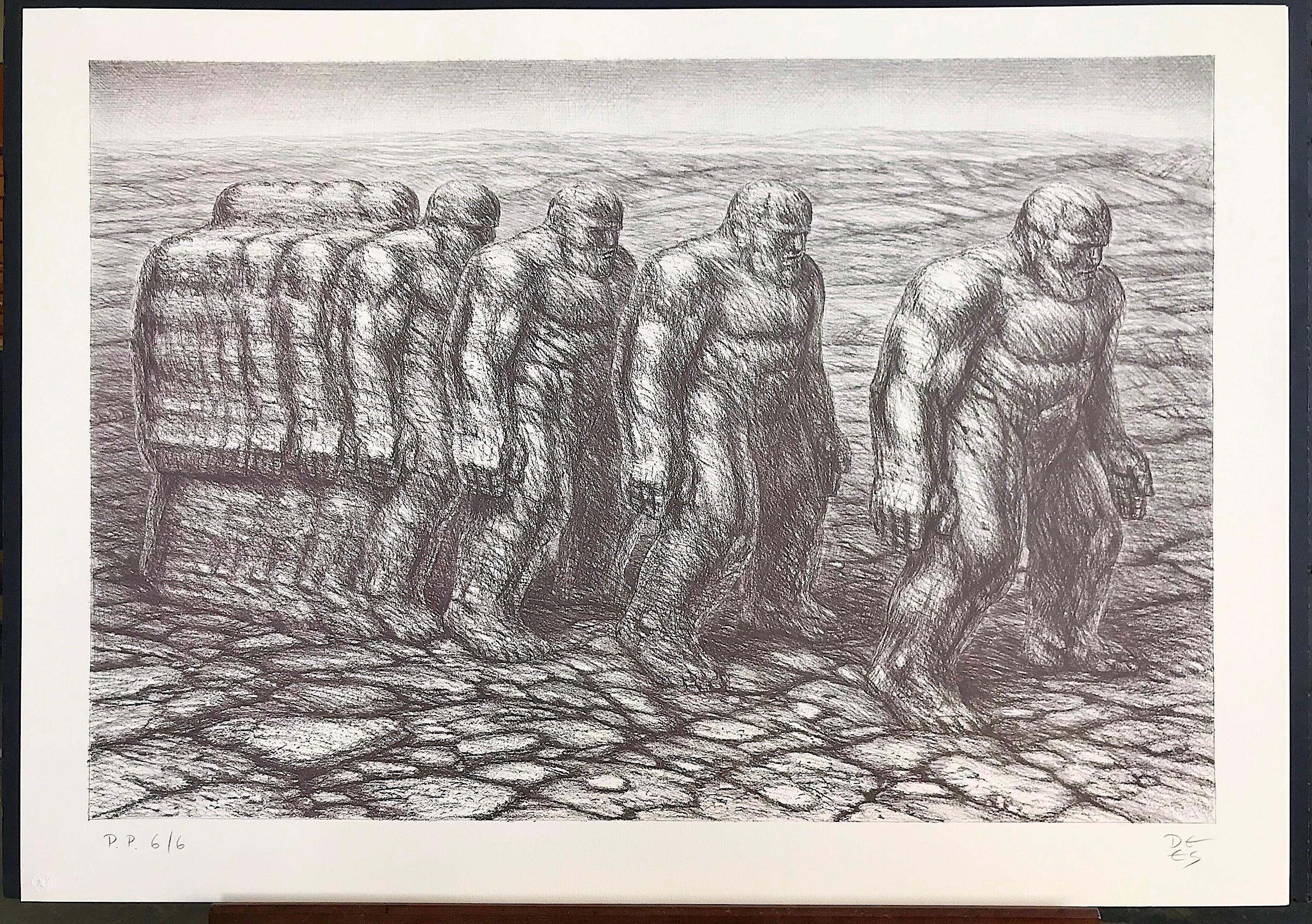 STEPPIN OUT Signierte Lithographie, Stein Männer, Fasslandschaft, Figurative Zeichnung im Angebot 2