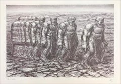 STEPPIN OUT Litografía firmada, Hombres de piedra, Paisaje árido, Dibujo figurativo