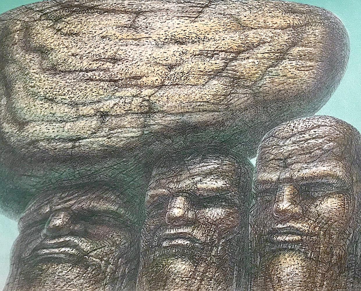 STONE CARRIERS Signed Hand Drawn Lithograph, Portrait Heads Stone Men Philosophy - Print by De Es Schwertberger