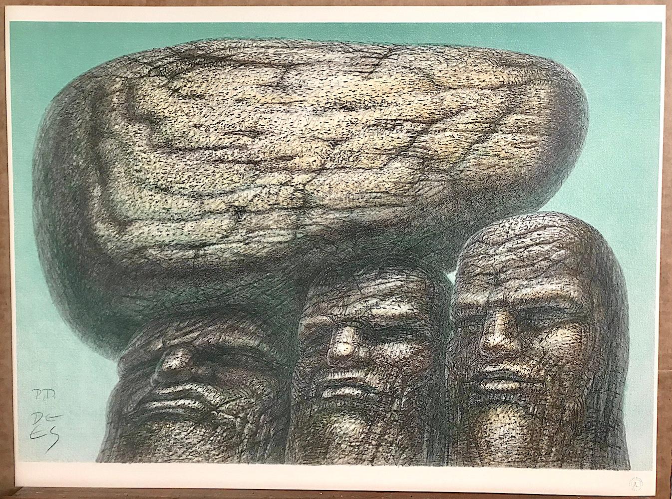 STONE CARRIERS Litografia firmata e disegnata a mano, ritratto teste di uomini di pietra Filosofia in vendita 2