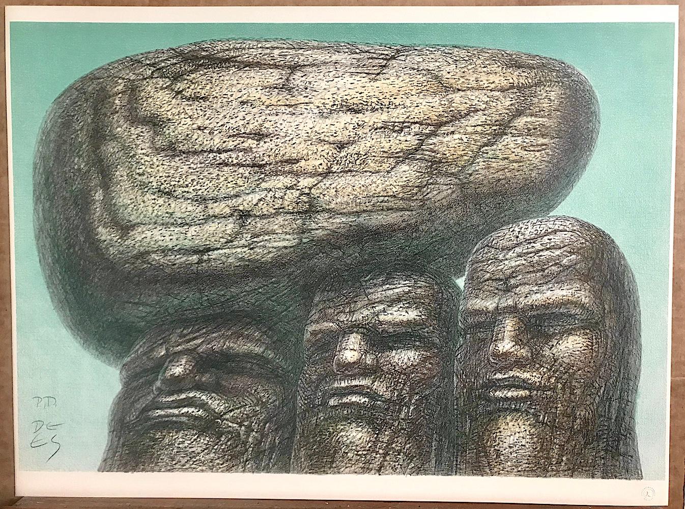 STONE CARRIERS Signed Hand Drawn Lithograph, Portrait Heads Stone Men Philosophy - Gray Portrait Print by De Es Schwertberger