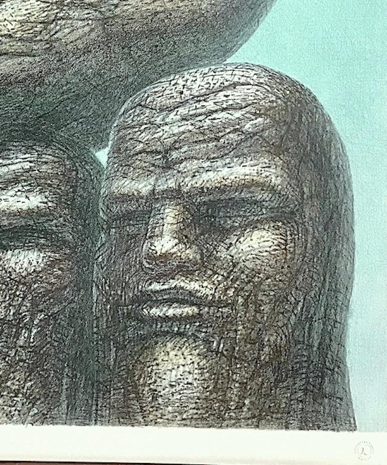 STONE CARRIERS Litografia firmata e disegnata a mano, ritratto teste di uomini di pietra Filosofia - Portrait Print Grigio di De Es Schwertberger