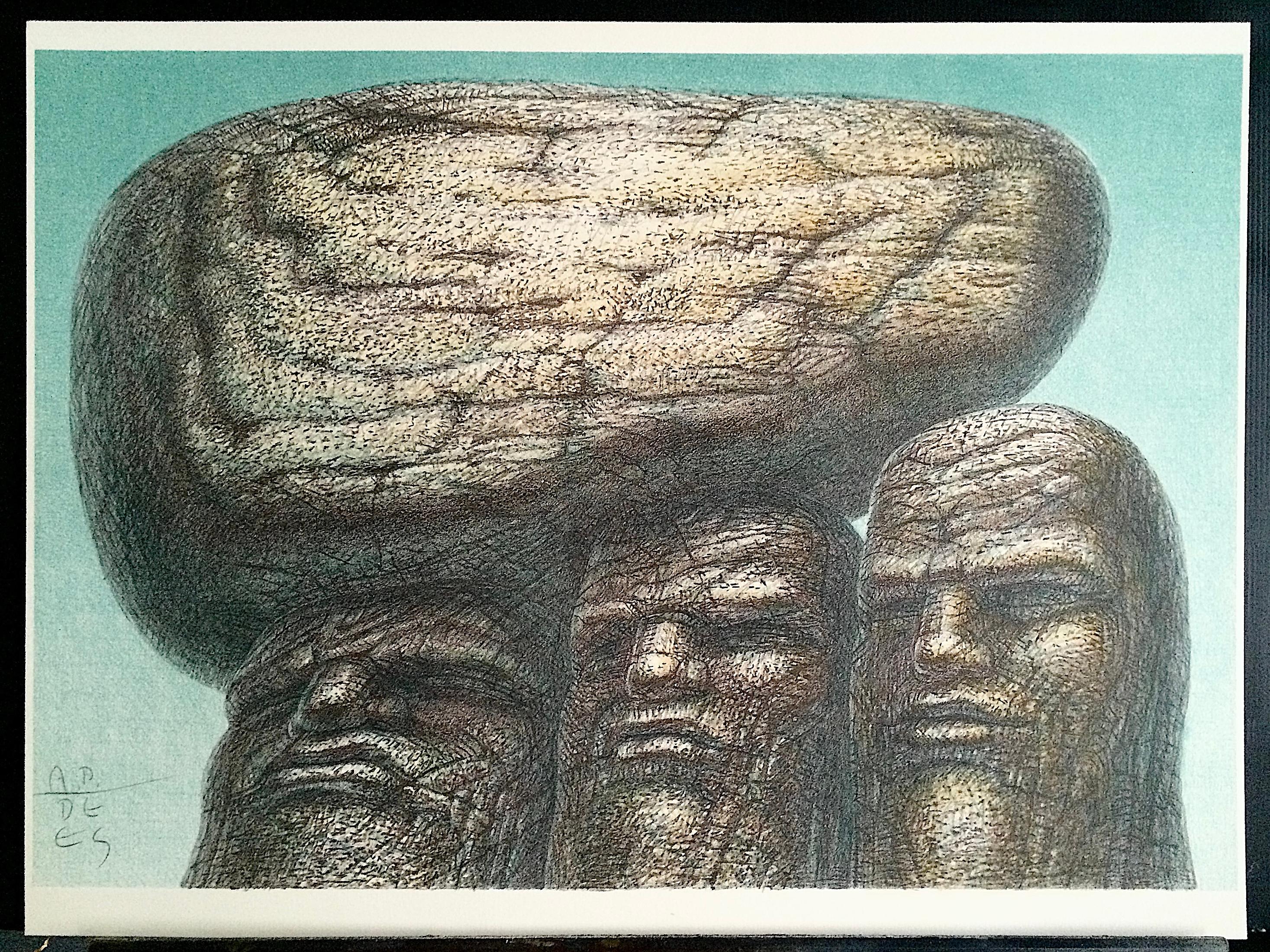 STONE CARRIERS Signed Hand Drawn Lithograph, Portrait Heads Stone Men Philosophy For Sale 1