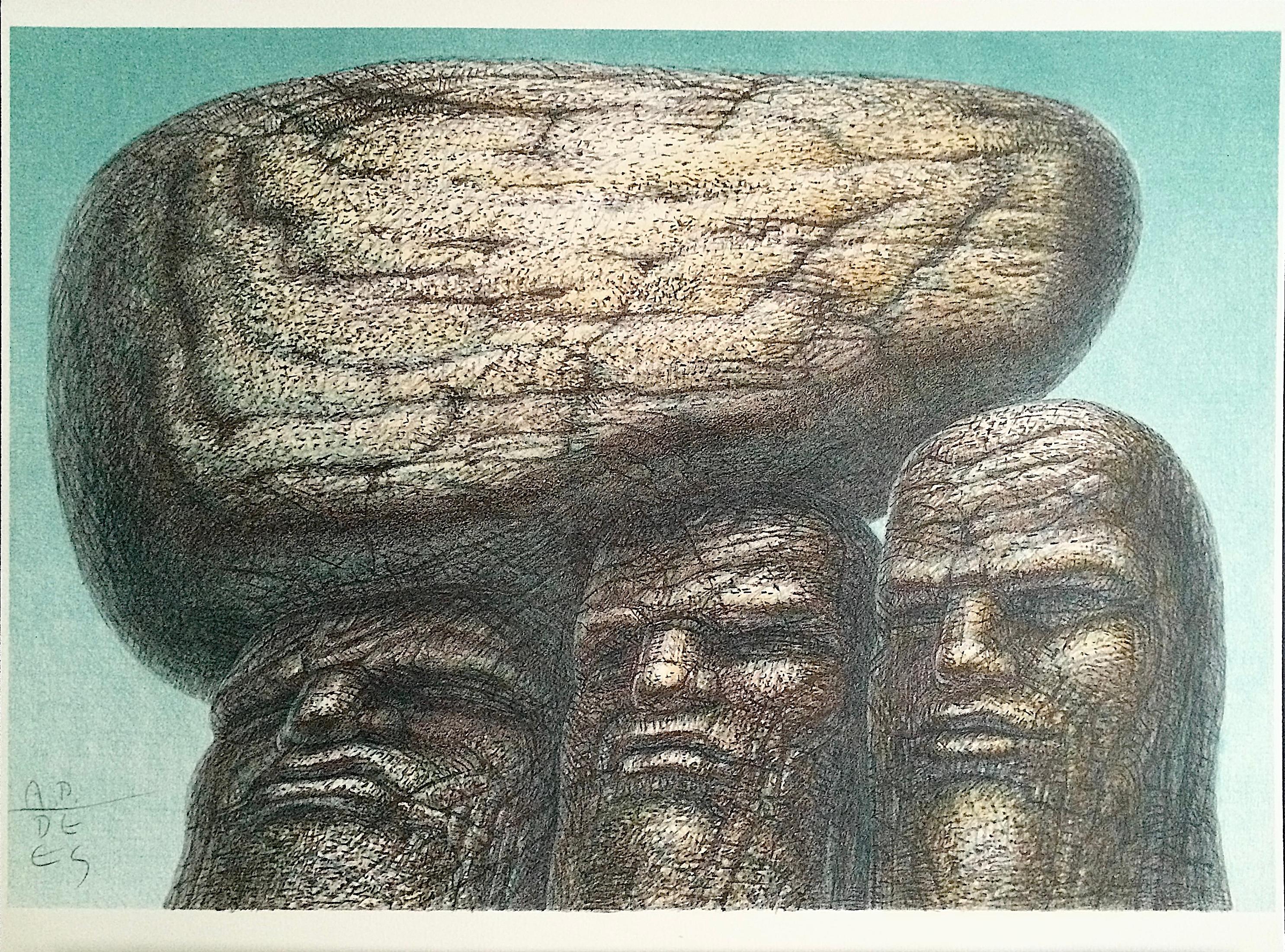 STONE CARRIERS Signed Hand Drawn Lithograph, Portrait Heads Stone Men Philosophy - Print by De Es Schwertberger