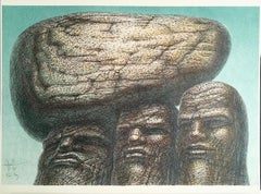 STONE CARRIERS Signed Hand Drawn Lithograph, 1979, Surrealist Portrait Heads