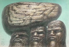 STONE CARRIERS Signed Hand Drawn Lithograph, Portrait Heads Stone Men Philosophy