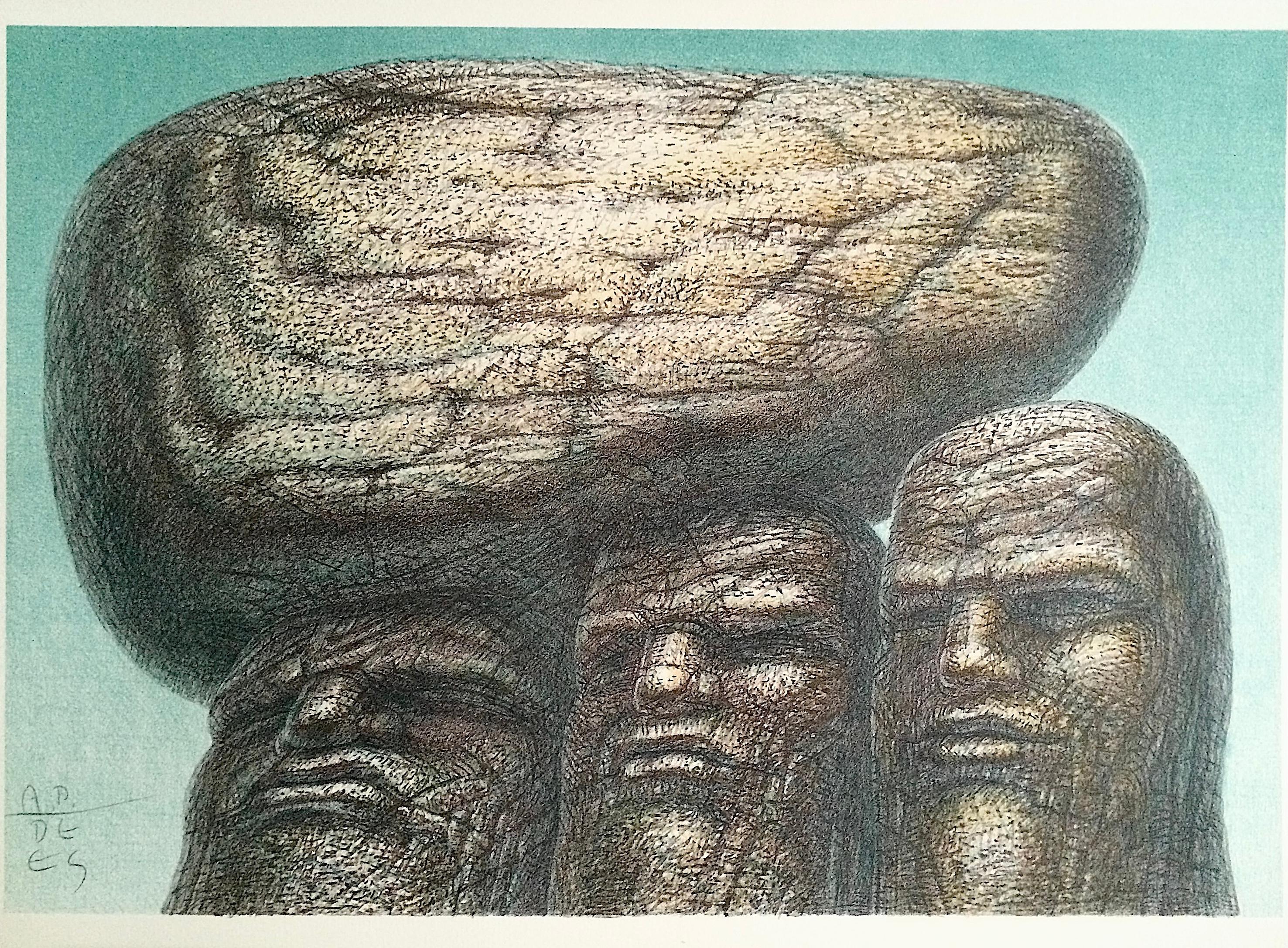 STONE CARRIERS Signed Hand Drawn Lithograph, Portrait Heads Stone Men Philosophy