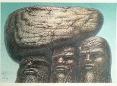 STONE CARRIERS Signed Hand Drawn Lithograph, Portrait Heads Stone Men Philosophy