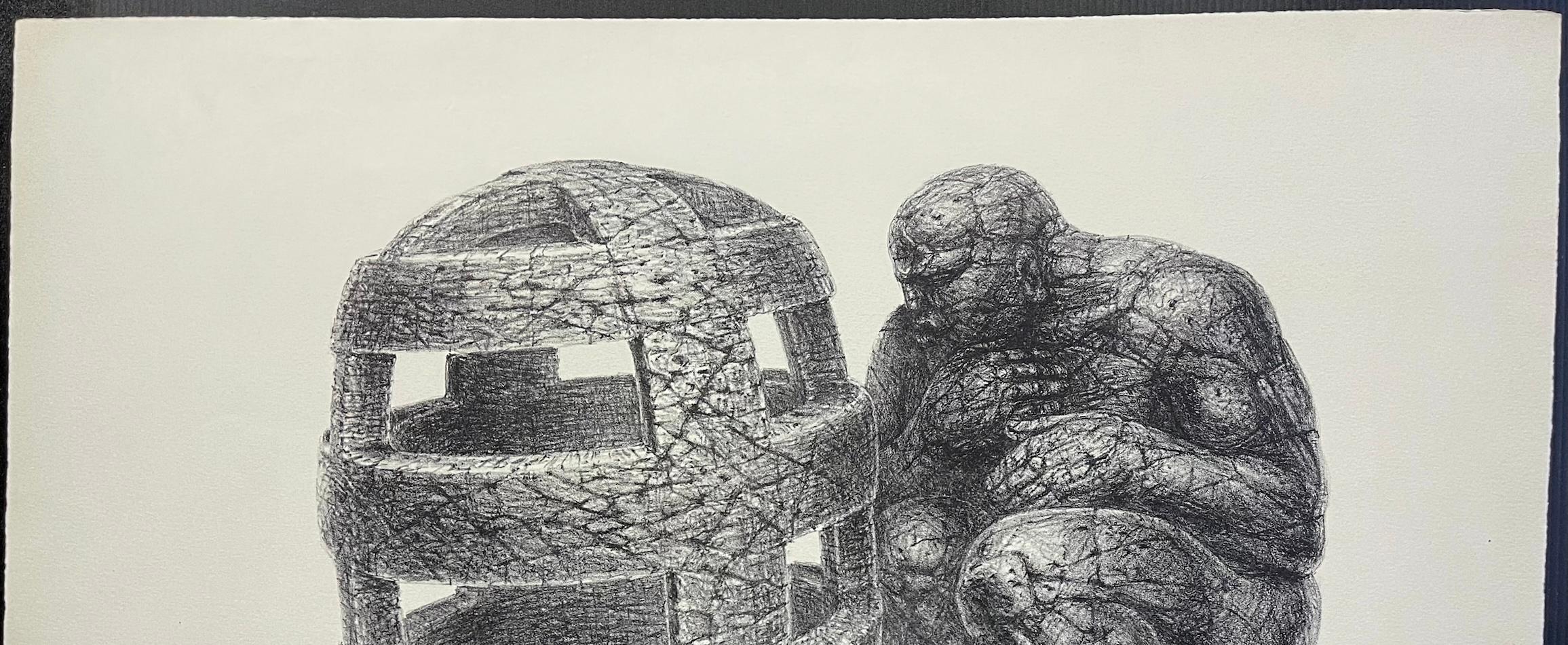 UNCAGED MAN Litografia disegnata a mano, uomo di pietra, coscienza, meditazione in vendita 1
